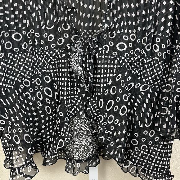 Y2K Notations Sheer Ruffle Tie Blouse 1X Black White Abstract Patchwork Witchy - Picture 2 of 6
